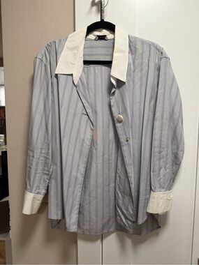 Sandro Light Blue Striped Button-Down with White Contrast Collar